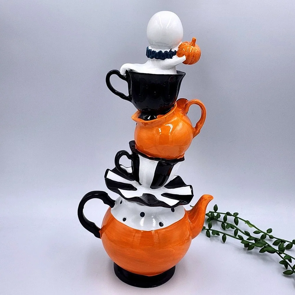 Halloween Stacked Ghost Pumpkin Teapot Teacup Figurine 12.5
